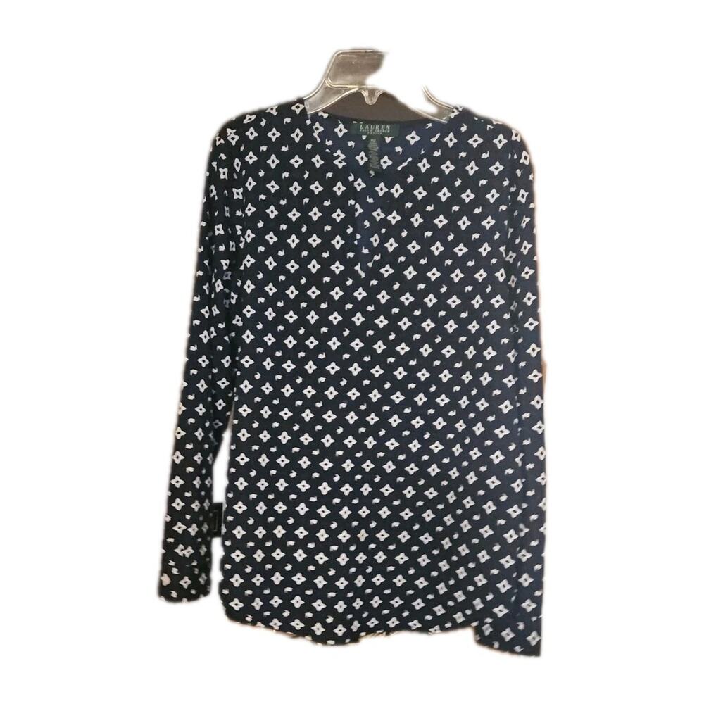 Lauren Ralph Lauren Tunic Top Womens PM Navy White Long Sleeve Classic Nautical